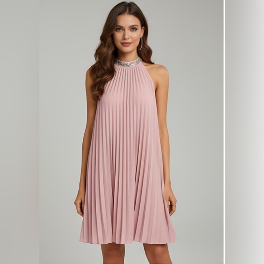Pink Sequin Pleated Detail Halter Neck Dress